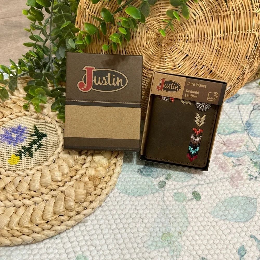 New Justin Boots Genuine Leather Card Wallet Tribal Western Colorful Embroidery